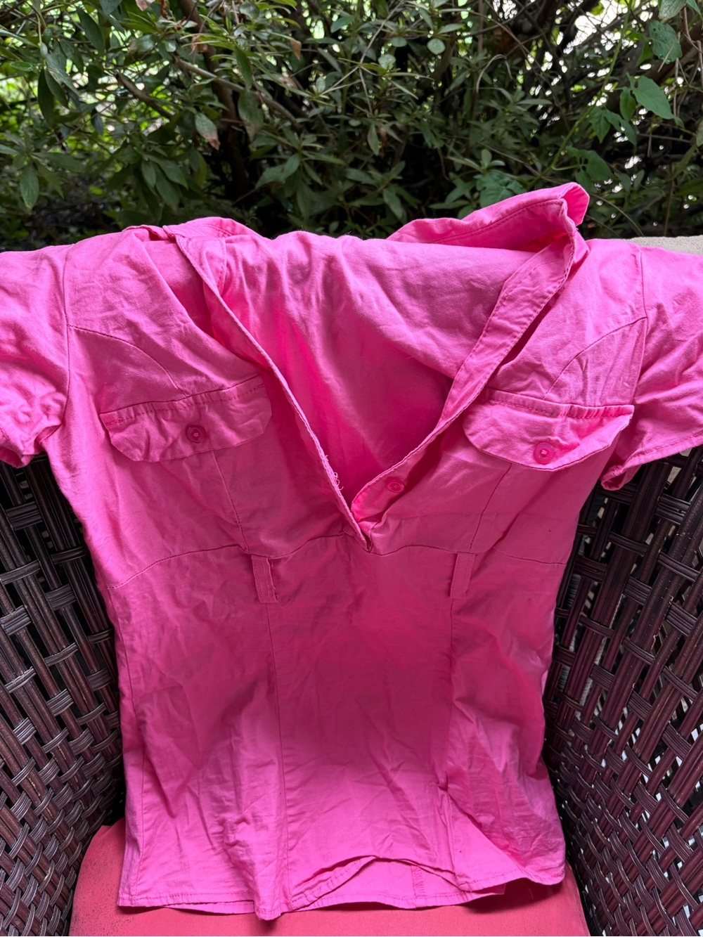 mandee Bright Pink Short-Sleeve Button Down Utility Top